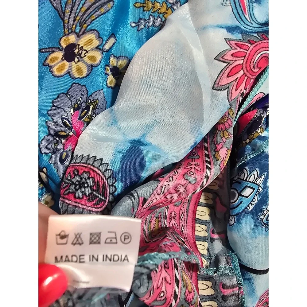 White Waves Bohemian Silk Blend Patchwork Maxi Dress Floral Paisley Tassel Blue - Picture 6 of 11